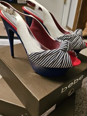 bebe Navy Striped Peep-Toe Platform Slingback Heels